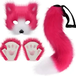 {YM}Faux Fur Fox Tail Cat Werewolf Cosplay Kostumesæt Plysmaske Fluffy Potehandsker Halloween Jul Rosarød Rosarød Rose red One Size